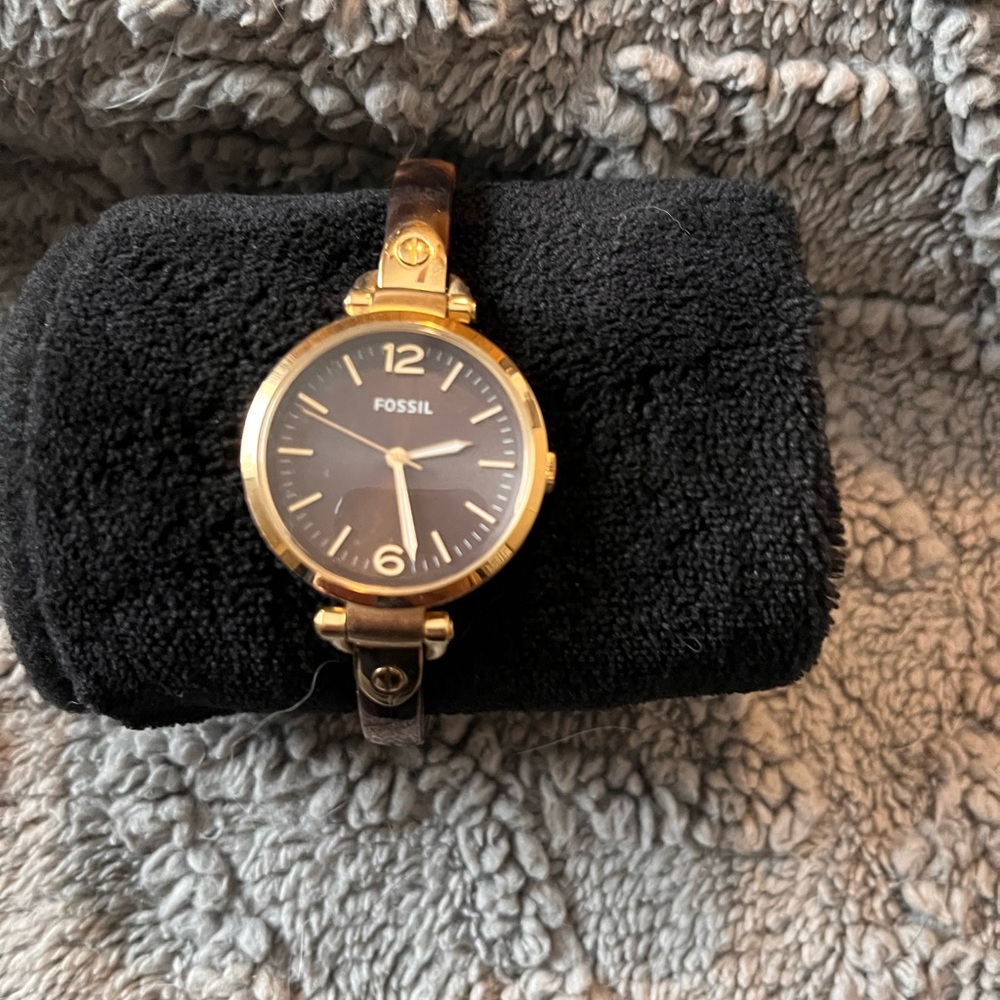 Fossil Gold-Tone Case Watch with Dark Brown Dial and Tortoiseshell Strap